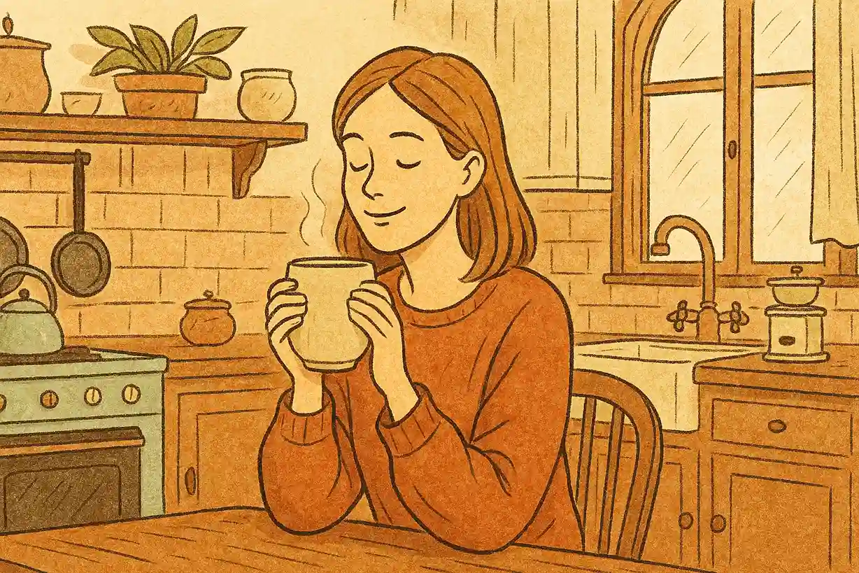 A woman enjoys a cup of coffee in a cozy vintage kitchen.