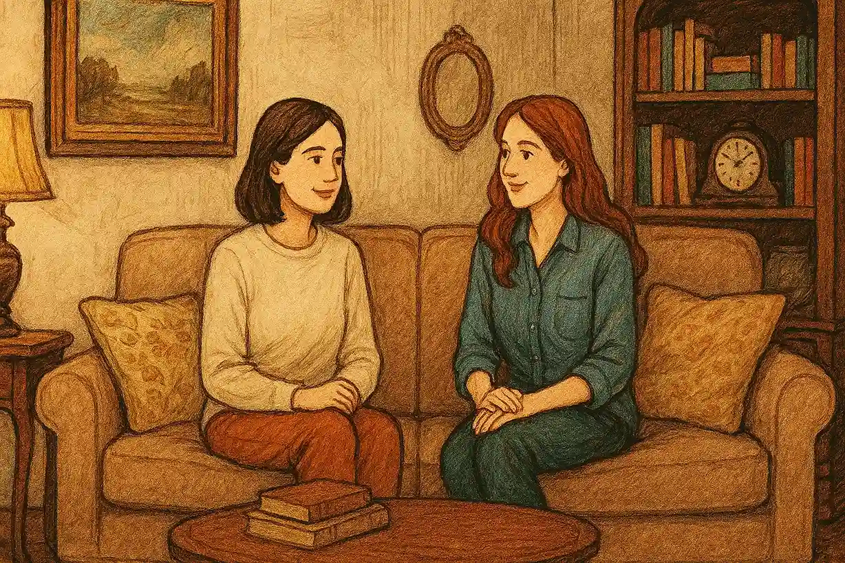Two women are sitting on a sofa in a vintage cozy and dark living room with rugs, clock, and books.