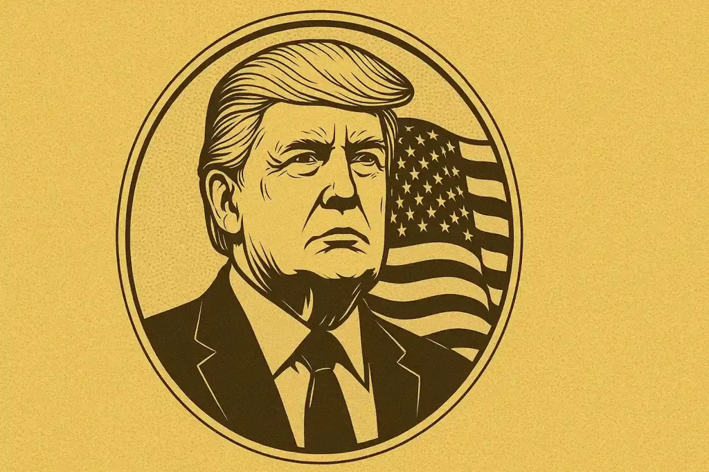 A graphic-style gold-toned illustration showing a serious portrait of Donald Trump in a suit, backed by a waving American flag within a coin-shaped border on a textured gold background.