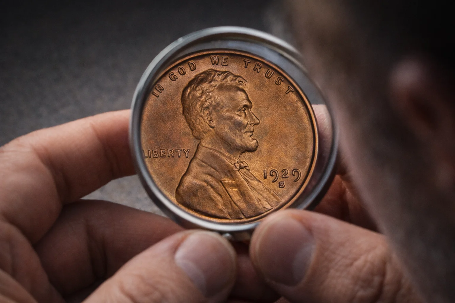 Collector examining a 1929-D Lincoln Wheat cent with a magnifying glass to assess strike quality.