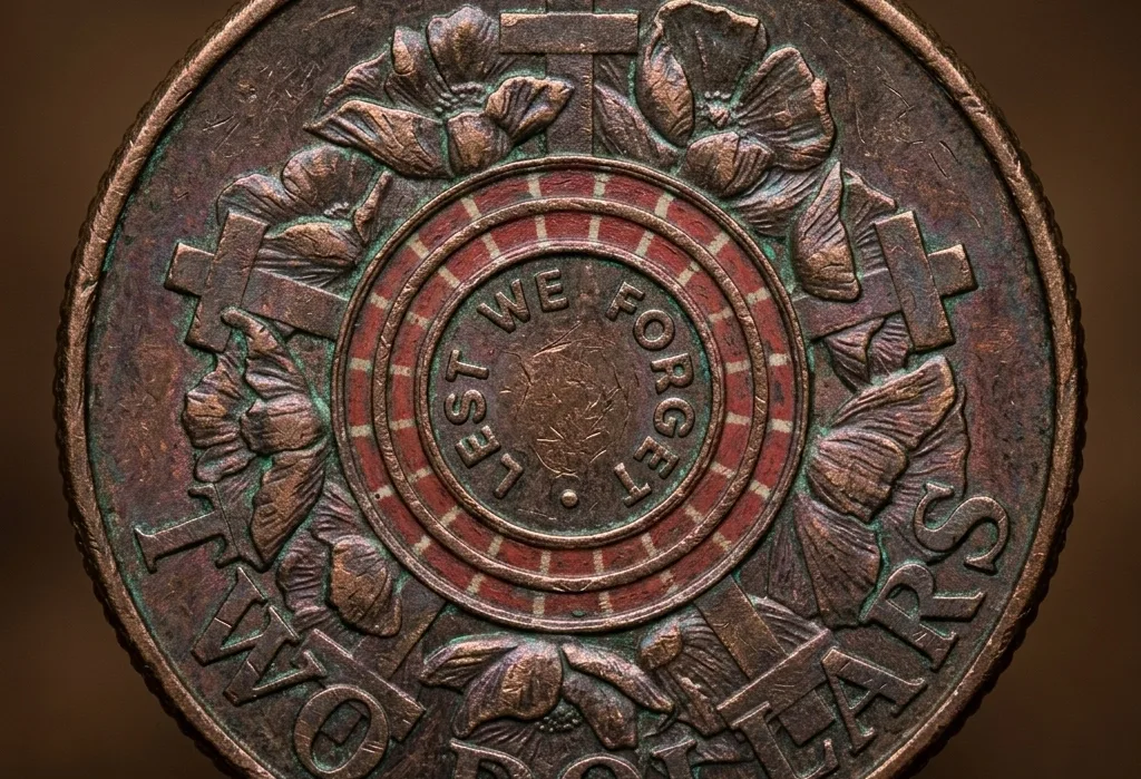 Macro image of toned $2 coin surface with patina